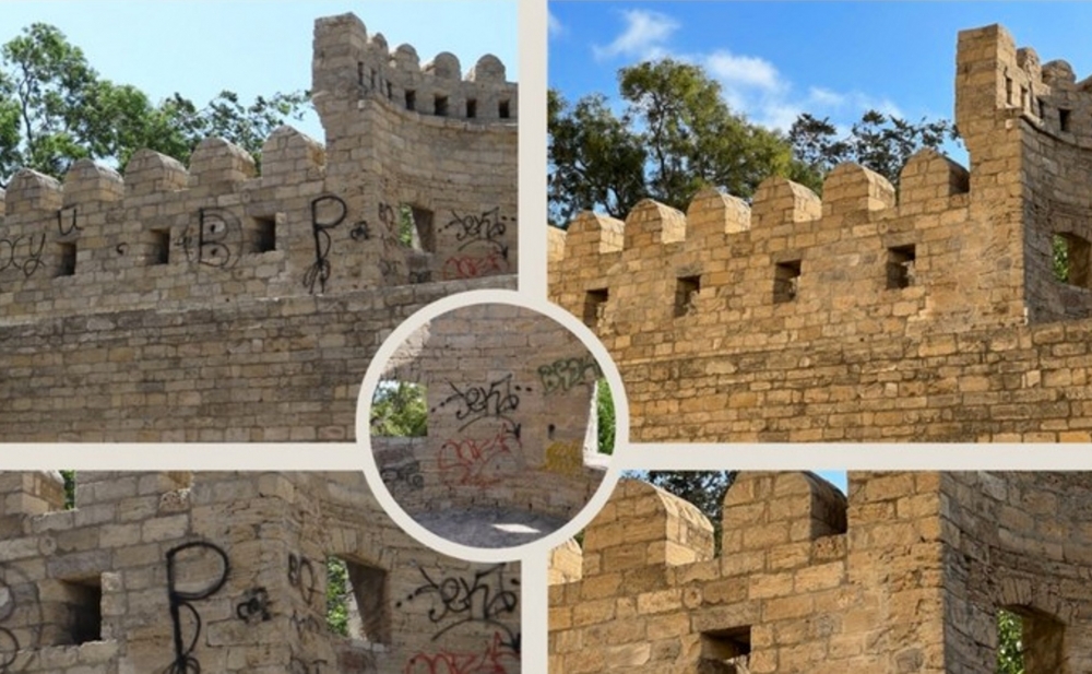 İçərişəhərin Qala divarları vandalizm izlərindən təmizləndi - Fotolar