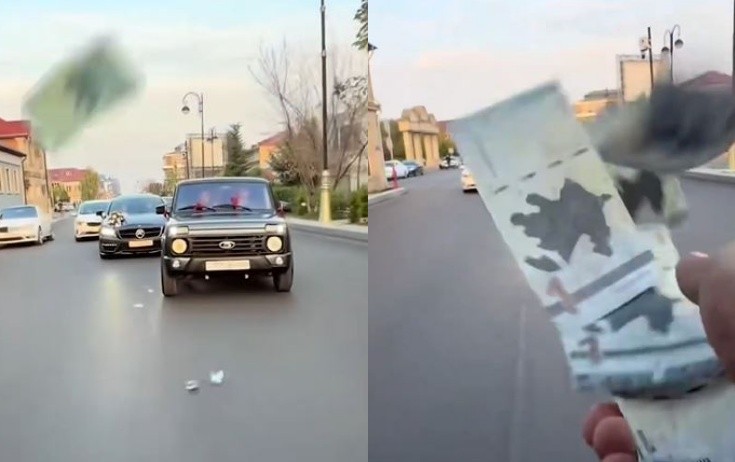 Toy karvanında “avtoş”luq edib yola pul səpdilər - Video